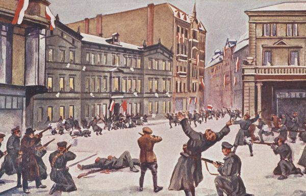 Zdobycie posterunku policji niemieckiej w Poznaniu na rysunku Leona Prauzińskiego.